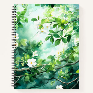 Carnet Botanical Watercolor White Blossoms Green Leaves