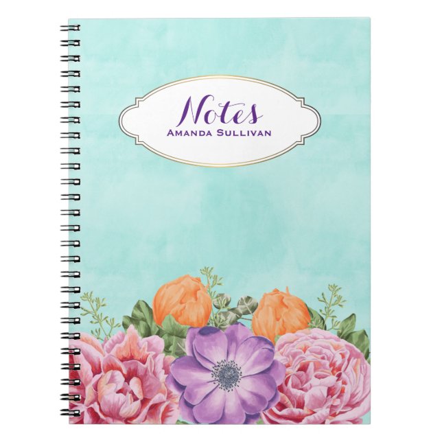 Carnet Bouquet Aquarelle Fleurs rose pourpre Personnalisé (Devant)