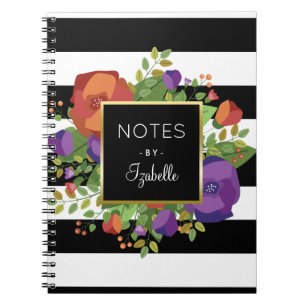Carnet Bouquet d'automne et bandes chic Nom personnalisé