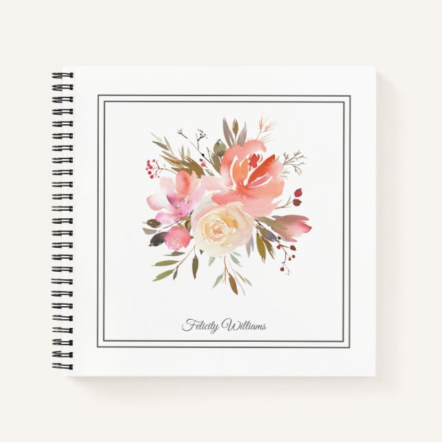 Carnet Bouquet floral d'aquarelle Dreamy avec nom (Devant)