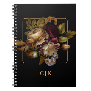 Carnet Bouquet floral foncé du Vieux-Monde avec Monogramm