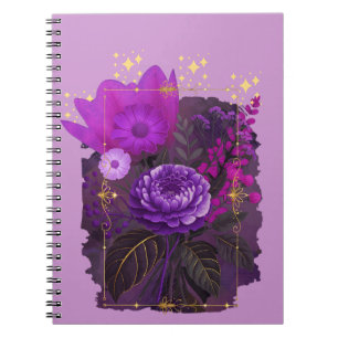 Carnet Bouquet floral magique violet dans un cadre doré