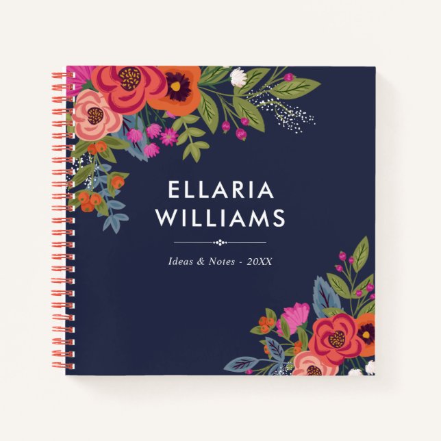 Carnet Bouquets Boho - Marine Blue & Coral - Nom (Devant)