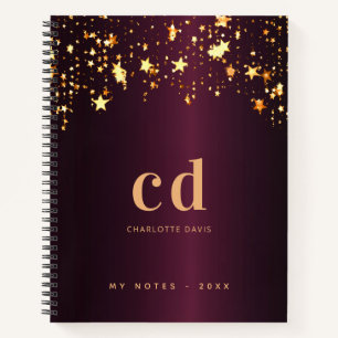 Carnet Bourgogne or étoiles monogramme nom élégant