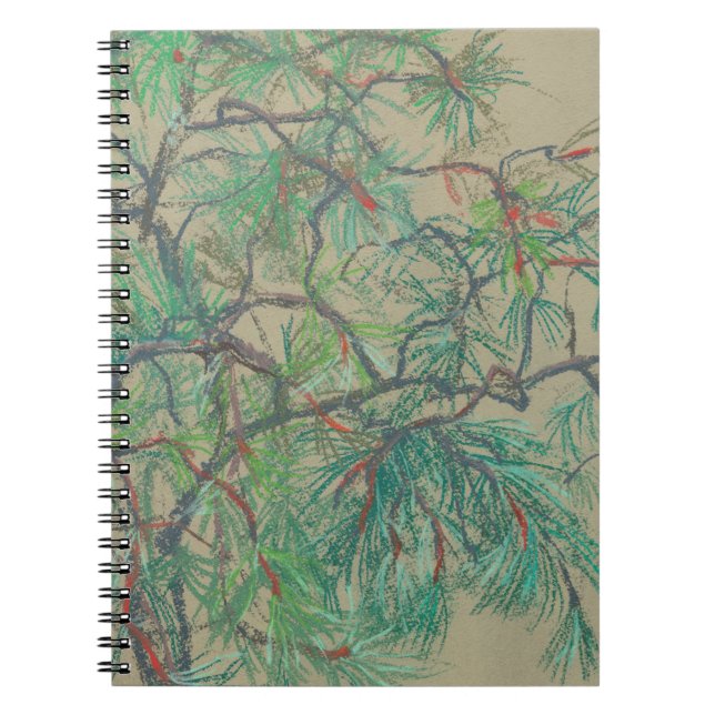 Carnet "Branche de pin", dessin pastel dans les tons vert (Devant)