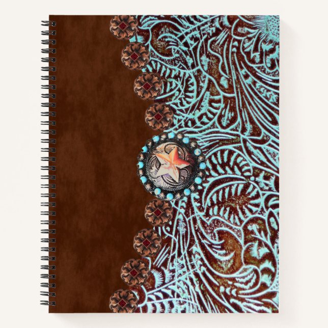 Carnet brun turquoise western pays à outils cuir (Devant)