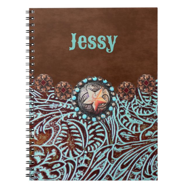 Carnet brun turquoise western pays à outils cuir (Devant)