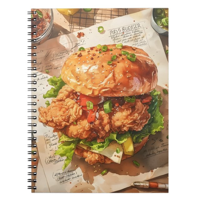 Carnet Burger de poulet frit gourmet Recette aquarelle (Devant)