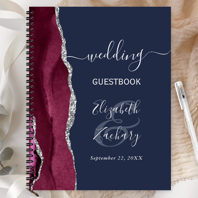 Carnet Burgundy Argent Agate Marine Blue Mariage Invité (Créateur téléchargé)
