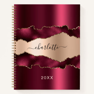 Carnet Burgundy rose or métal agate marbre nom script