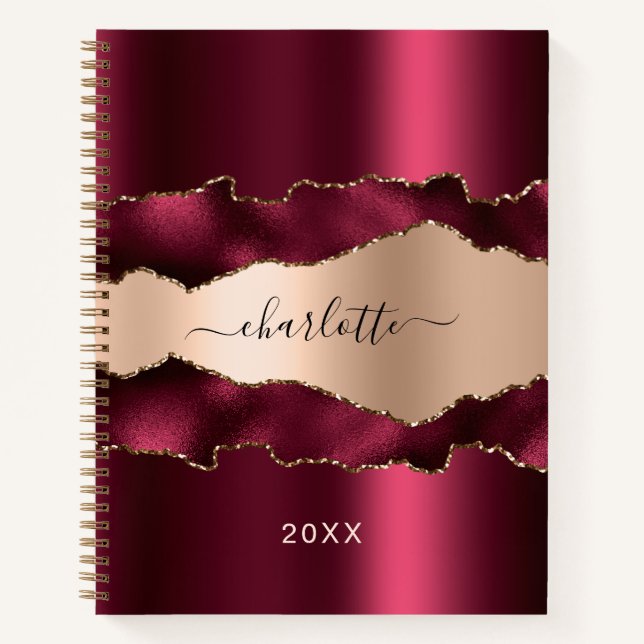 Carnet Burgundy rose or métal agate marbre nom script (Devant)