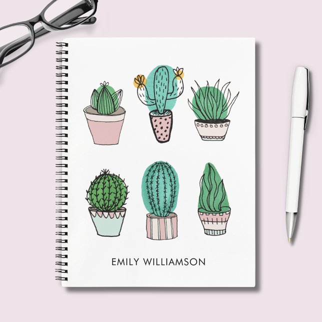 Carnet Cactus succulents illustration nom personnalisé (Cute cacti cactus notebook with personalized name.  Matching items available.)