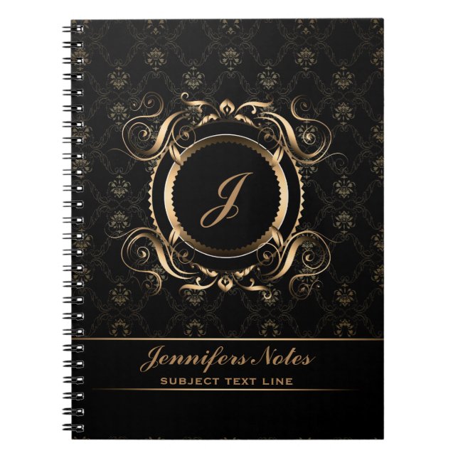 Carnet Cadre circulaire floral noir et or monogramme (Devant)