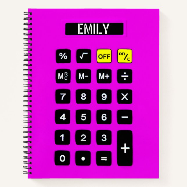 Carnet Calculatrice rose néon avec nom (Devant)