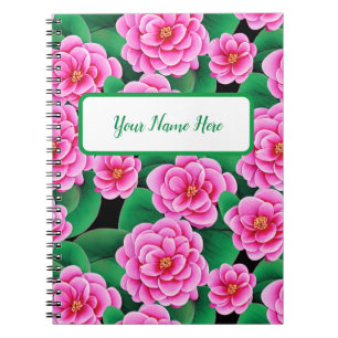 Carnet Camellias rose Fuchsia et Feuilles verts Jade
