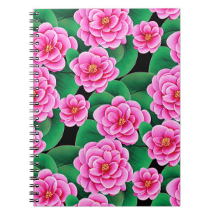 Carnet Camellias rose Fuchsia et Feuilles verts Jade