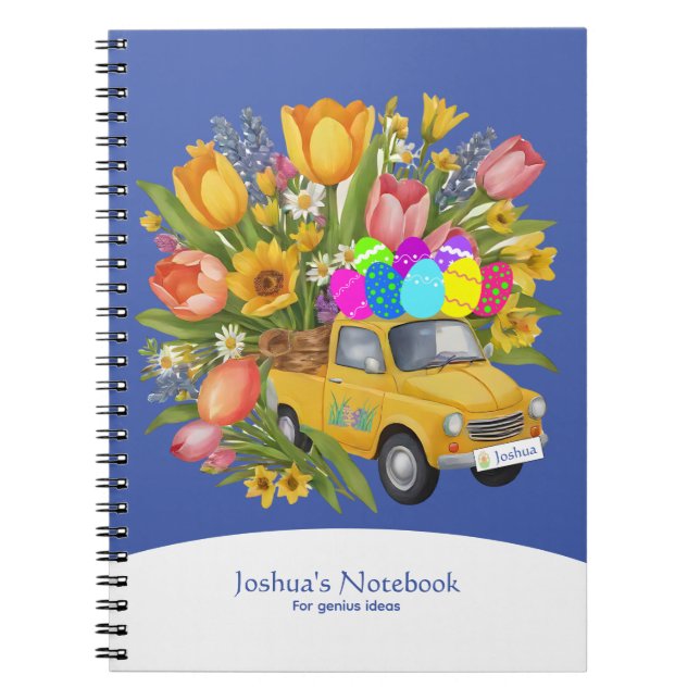 Carnet Camion Jaune Personnalisé Portant Des Oeufs De Pâq (Devant)