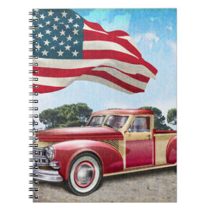 Carnet Camion rouge vintage avec drapeau américain.