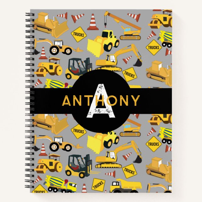 Carnet Camions de construction pour enfants Motif Monogra (Devant)