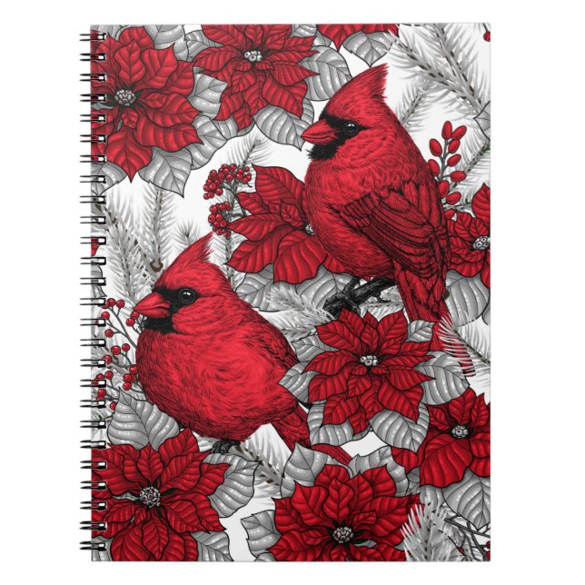Carnet Cardinaux et poinsettia en rouge et blanc (Devant)