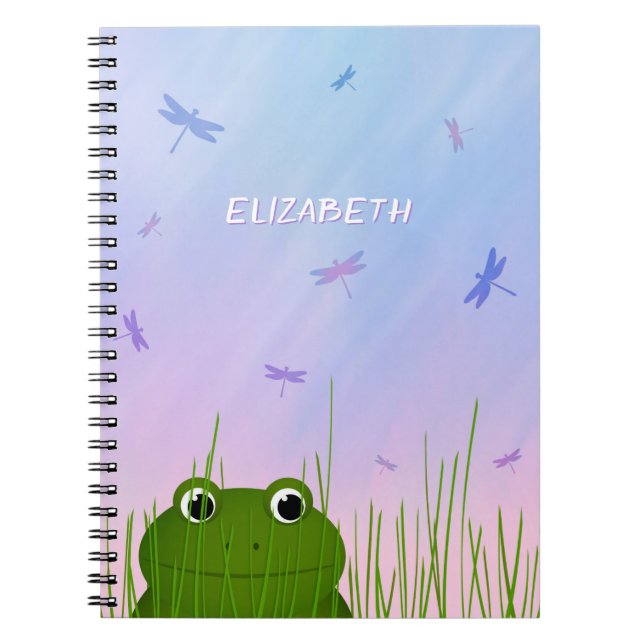 Carnet caricature grenouille regarder sur l'herbe dragonf (Devant)