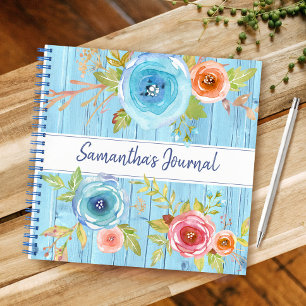 Carnet Carré floral aquarelle en bois rustique bleu perso