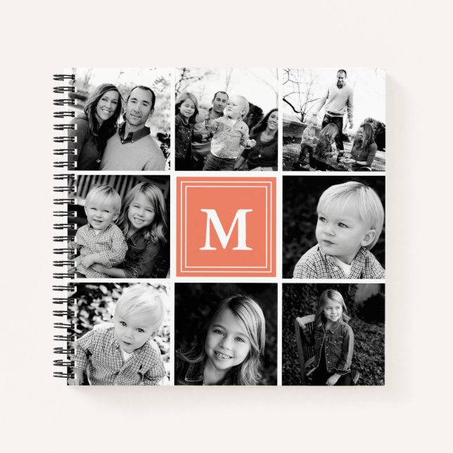 Carnet Carré Photo Collage Corail Monogramme Personnalisé (Devant)