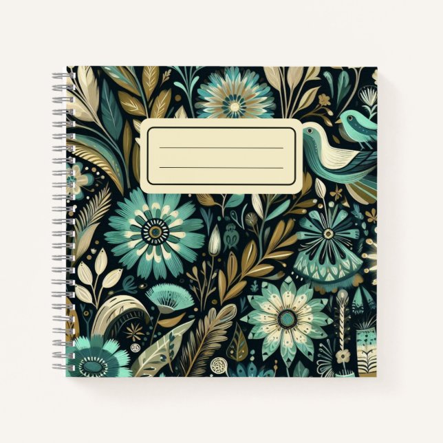 Carnet carré turquoise à fleurs (Devant)