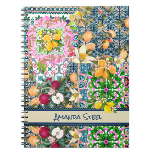 Carnet Carreaux floraux d'agrumes siciliens bleu chic
