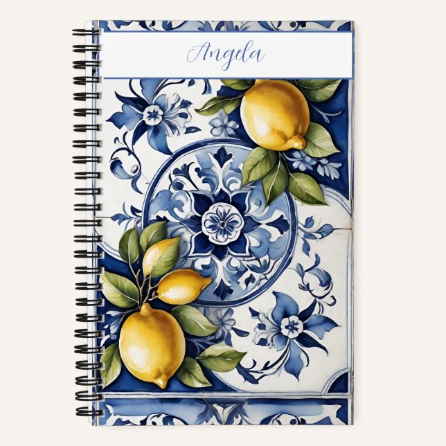 Carnet Carrelage bleu italien et citrons | votre nom (Recto)