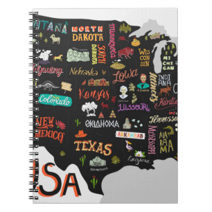 Carnet Carte illustrée des États-Unis. Poster avec états 