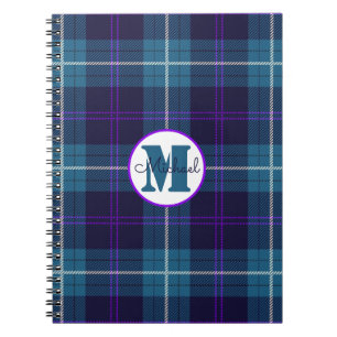 Carnet Celadon Blue Plaid Tartan Monogramme Nom du script