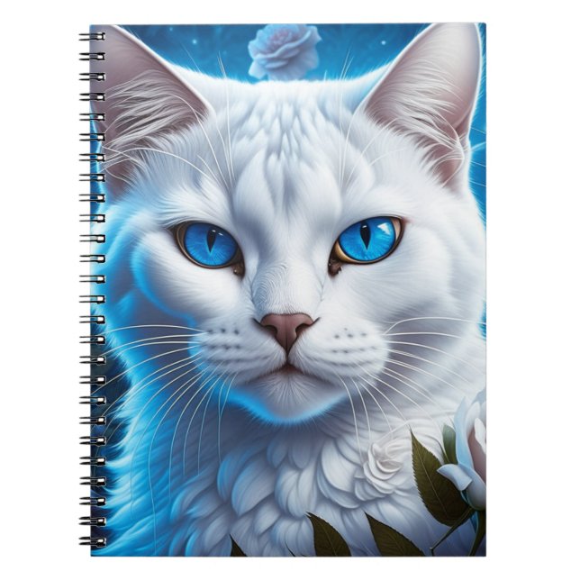 Carnet Chat blanc aux yeux bleu clair Floral (Devant)