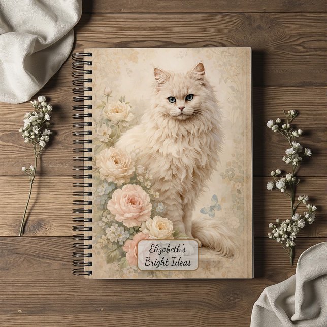 Carnet Chat Blanc Fluffy avec des Roses (Créateur téléchargé)