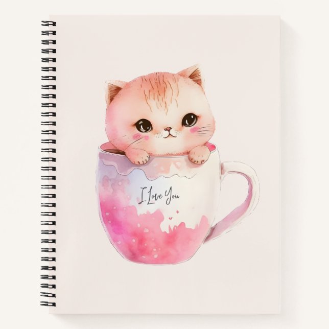 Carnet Chat blanc-rose mignonne dans une tasse de thé (2) (Devant)