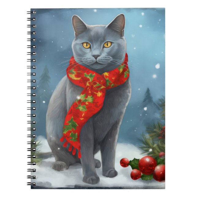 Carnet Chat bleu russe à Noël de neige (Devant)