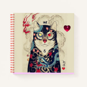 Carnet CHAT JAPONAIS EN TATOO DE SAINTE, Coeur Rouge