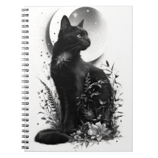Carnet Chat noir assis parmi le feuillage botanique