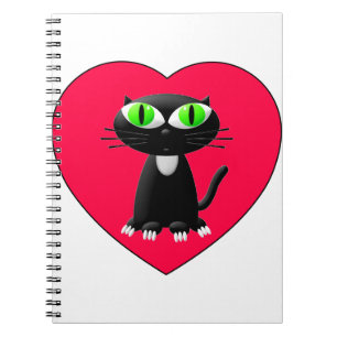 Carnet Chat noir dans le coeur rouge