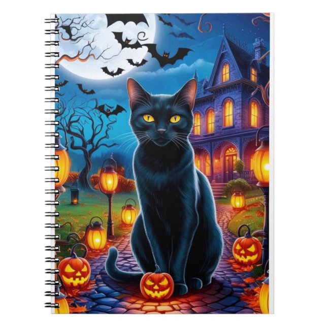 Carnet Chat noir dans le paysage enchanté d'Halloween (Devant)