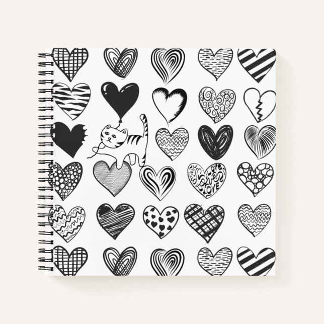 Carnet Chat noir et blanc et Motif de coeur (Devant)