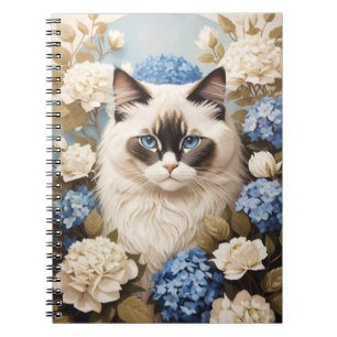 Carnet Chat Ragdoll Avec Fleurs Bleues D'Hydrangée