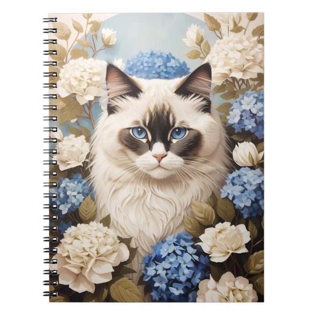 Carnet Chat Ragdoll Avec Fleurs Bleues D'Hydrangée (Devant)