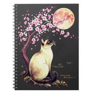Carnet Chat siamois sous une lune rose
