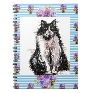 Carnet Chat Tuxedo Chat Noir et Blanc Fleurs Bleues