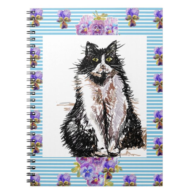 Carnet Chat Tuxedo Chat Noir et Blanc Fleurs Bleues (Devant)