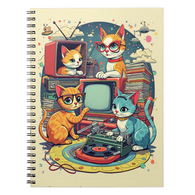 Carnet Chats du milieu du siècle avec disques rétro et TV (Devant)
