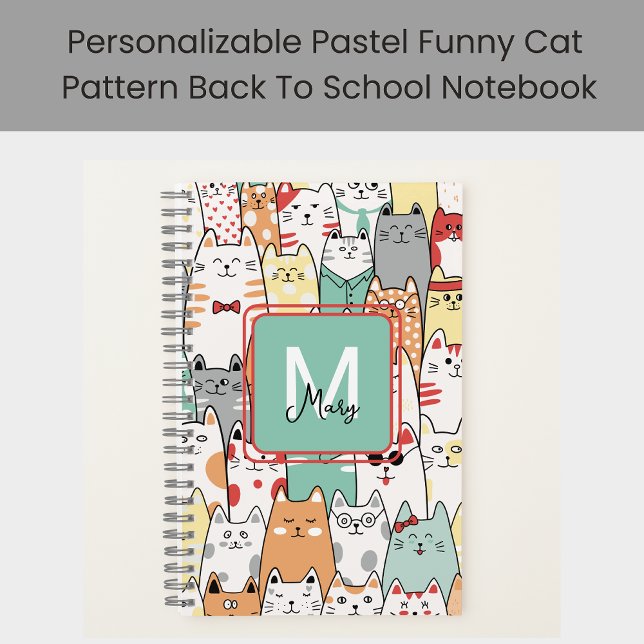 Carnet Chats Pastel Drôle Retour À L'École Monogramme Nom (Créateur téléchargé)
