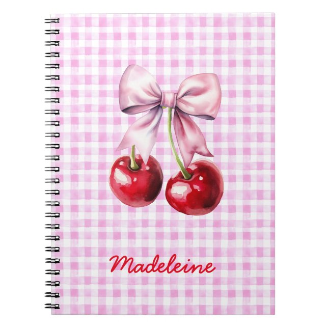 Carnet Cherry with Cute Pink Bow on Gingham Custom Name (Devant)