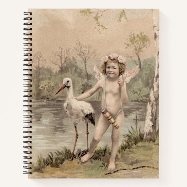 Carnet Cherub vintage avec cigogne près du lac (Devant)